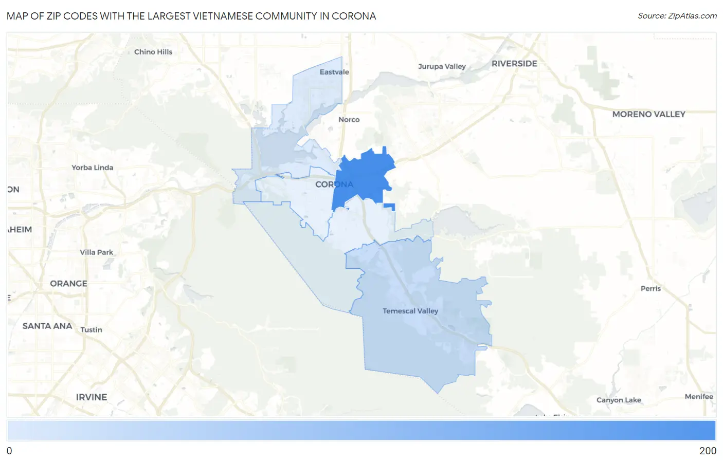 Zip Codes with the Largest Vietnamese Community in Corona Map