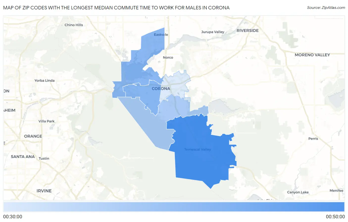 Zip Codes with the Longest Median Commute Time to Work for Males in Corona Map