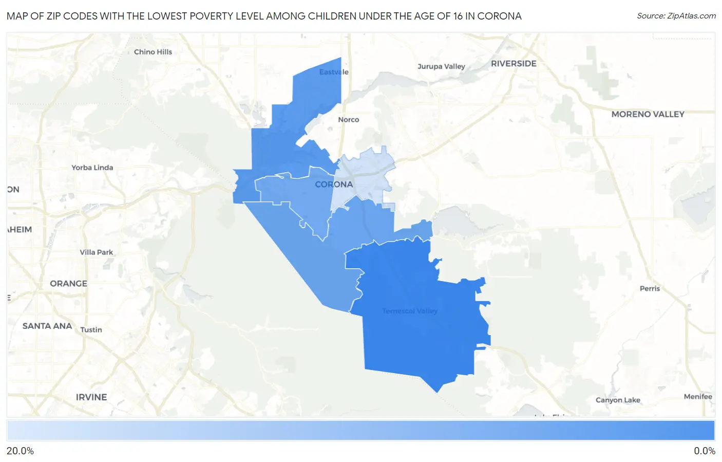 Zip Codes with the Lowest Poverty Level Among Children Under the Age of 16 in Corona Map