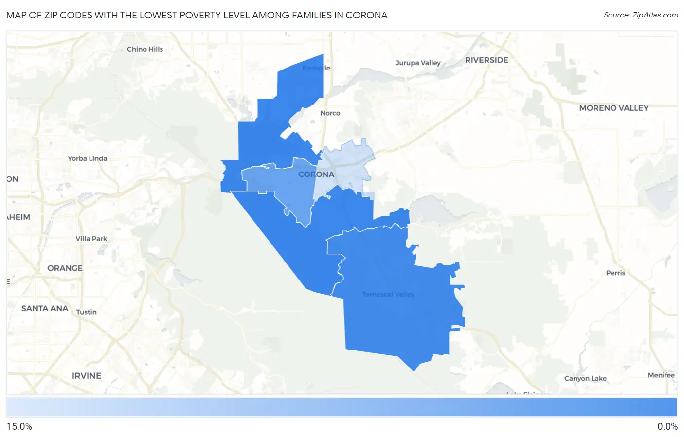 Zip Codes with the Lowest Poverty Level Among Families in Corona Map