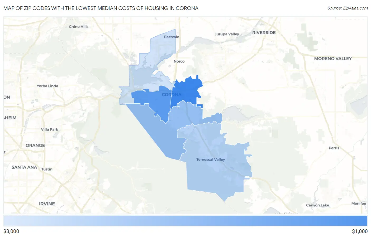 Zip Codes with the Lowest Median Costs of Housing in Corona Map