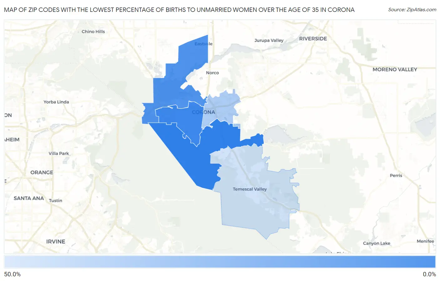 Zip Codes with the Lowest Percentage of Births to Unmarried Women over the Age of 35 in Corona Map