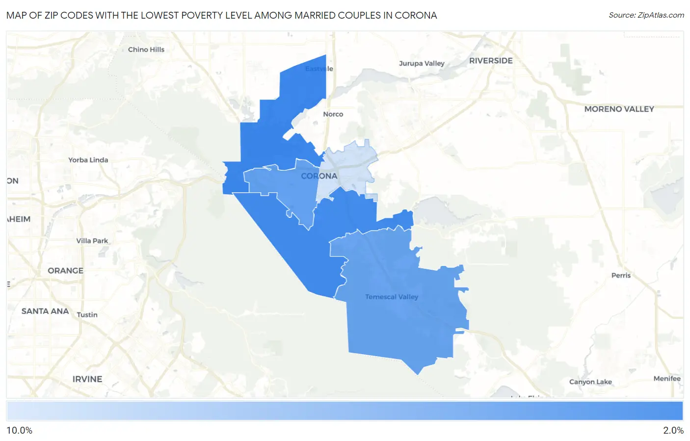 Zip Codes with the Lowest Poverty Level Among Married Couples in Corona Map