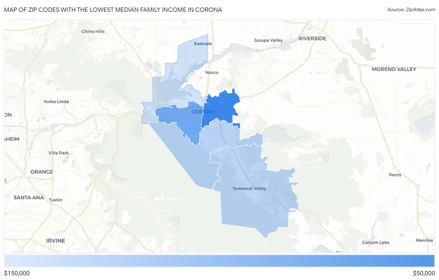 Zip Codes with the Lowest Median Family Income in Corona Map