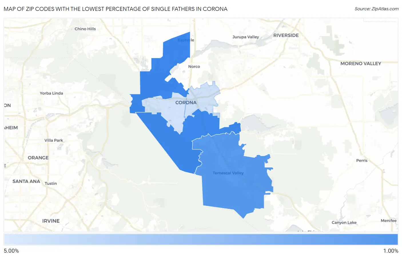 Zip Codes with the Lowest Percentage of Single Fathers in Corona Map