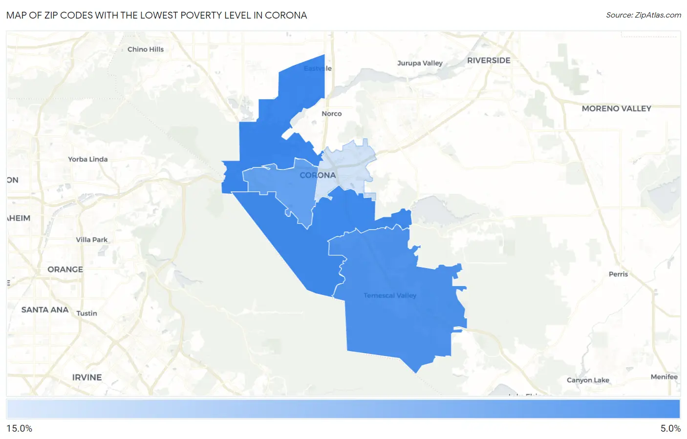 Zip Codes with the Lowest Poverty Level in Corona Map
