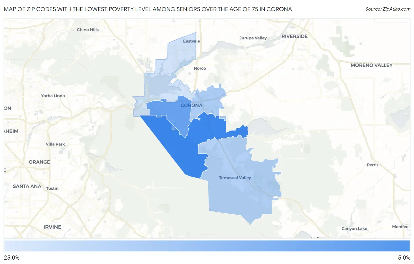 Zip Codes with the Lowest Poverty Level Among Seniors Over the Age of 75 in Corona Map