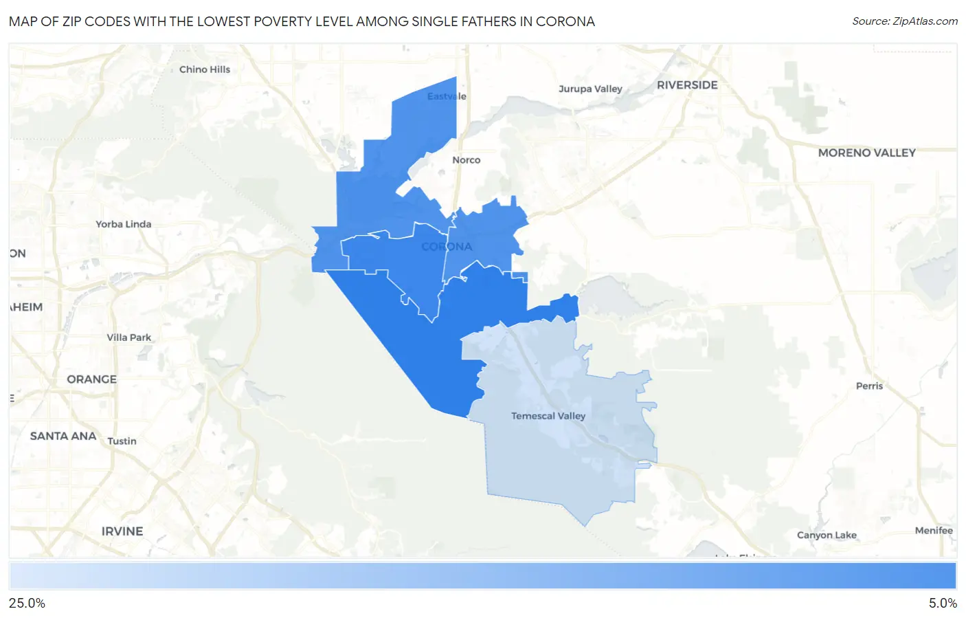 Zip Codes with the Lowest Poverty Level Among Single Fathers in Corona Map
