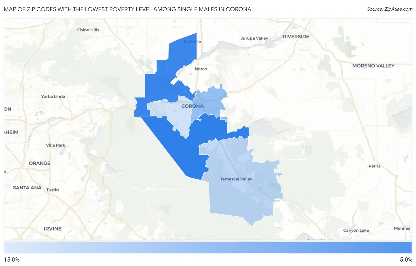 Zip Codes with the Lowest Poverty Level Among Single Males in Corona Map