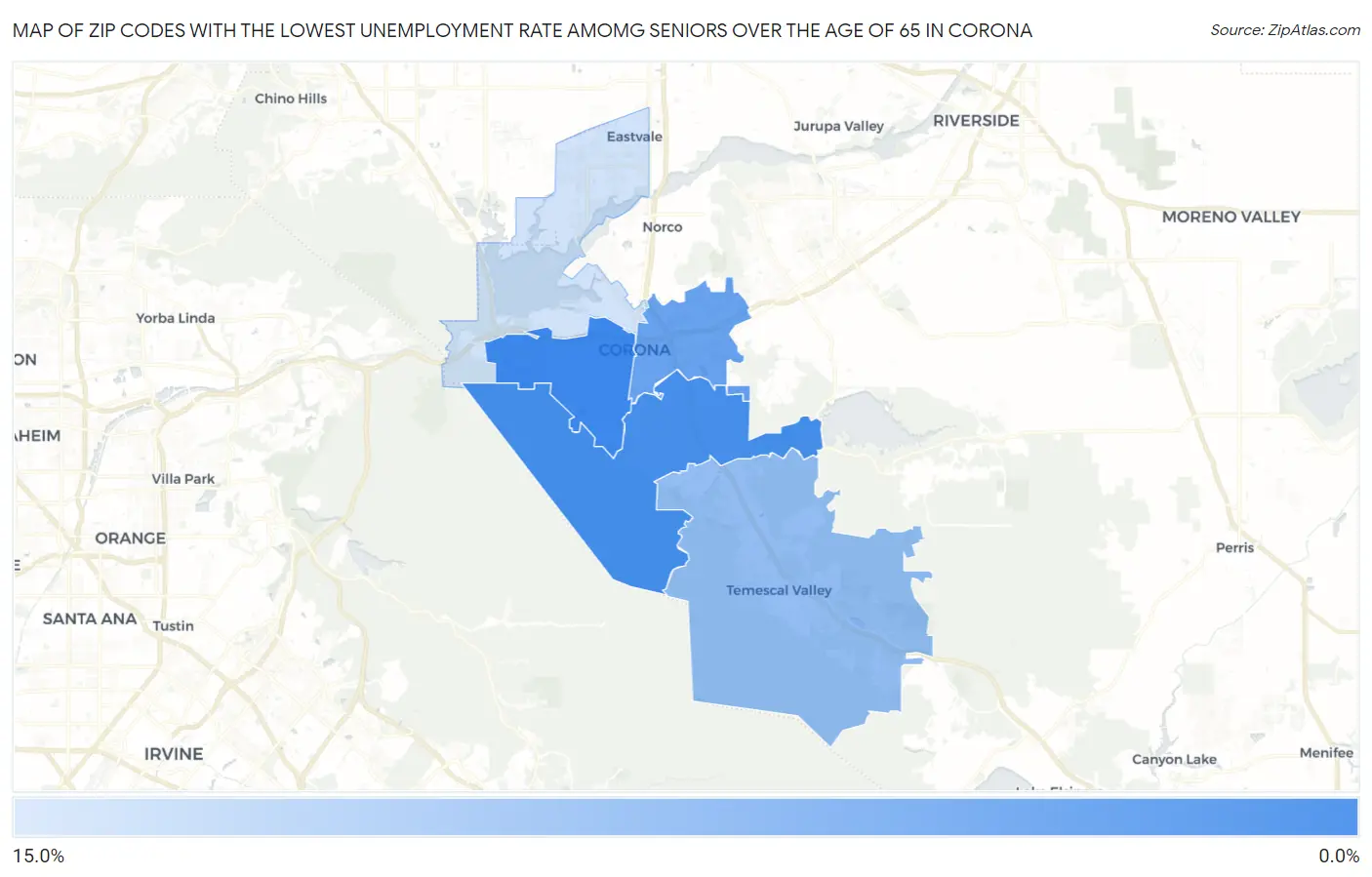 Zip Codes with the Lowest Unemployment Rate Amomg Seniors Over the Age of 65 in Corona Map