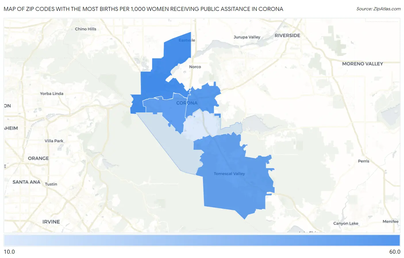 Zip Codes with the Most Births per 1,000 Women Receiving Public Assitance in Corona Map