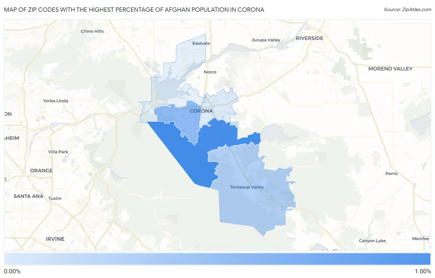 Zip Codes with the Highest Percentage of Afghan Population in Corona Map