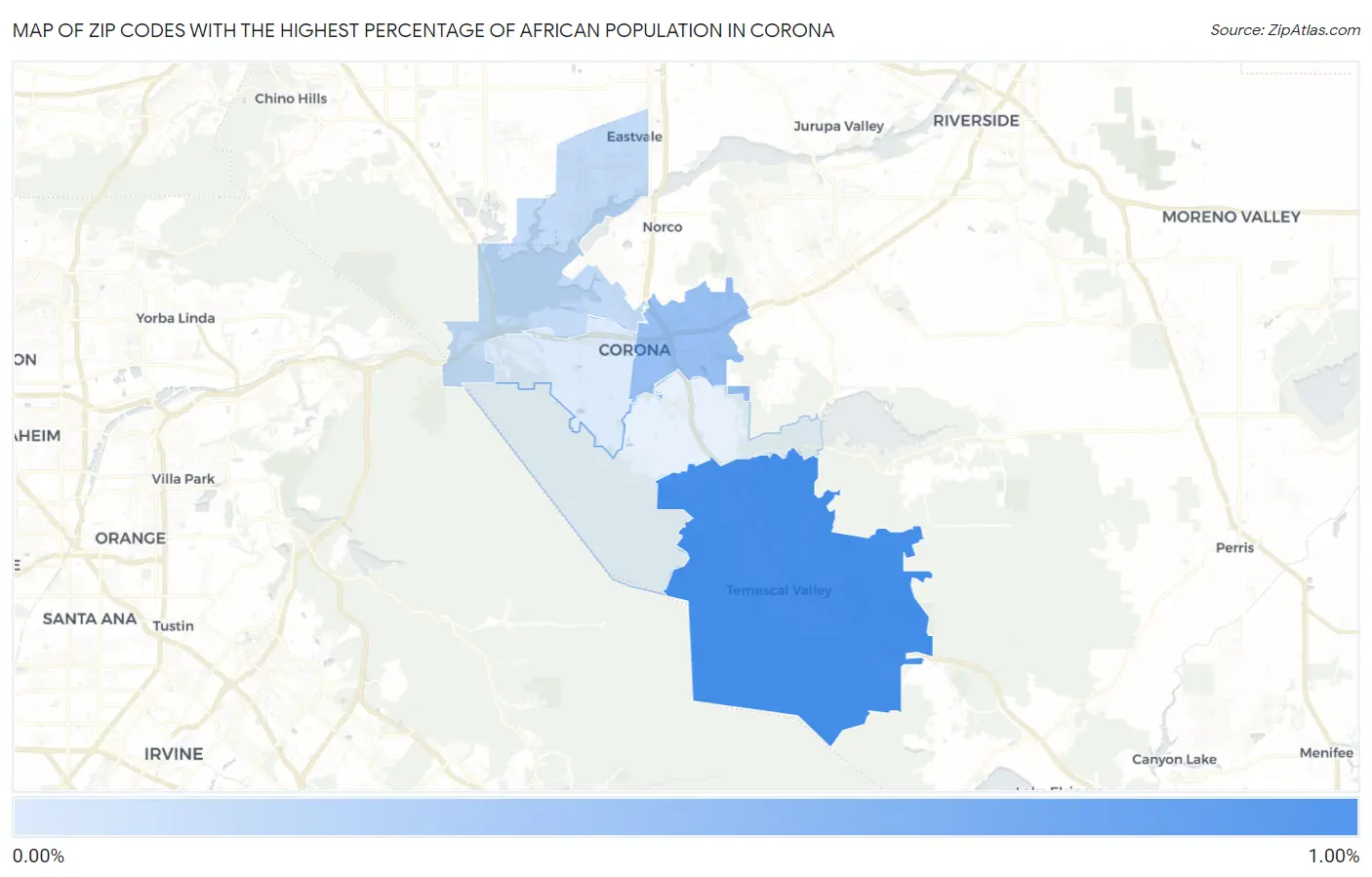 Zip Codes with the Highest Percentage of African Population in Corona Map