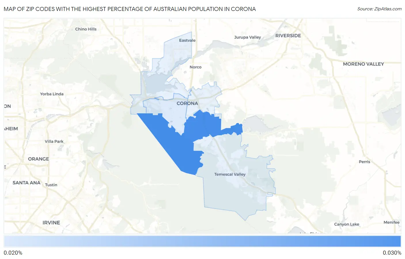 Zip Codes with the Highest Percentage of Australian Population in Corona Map
