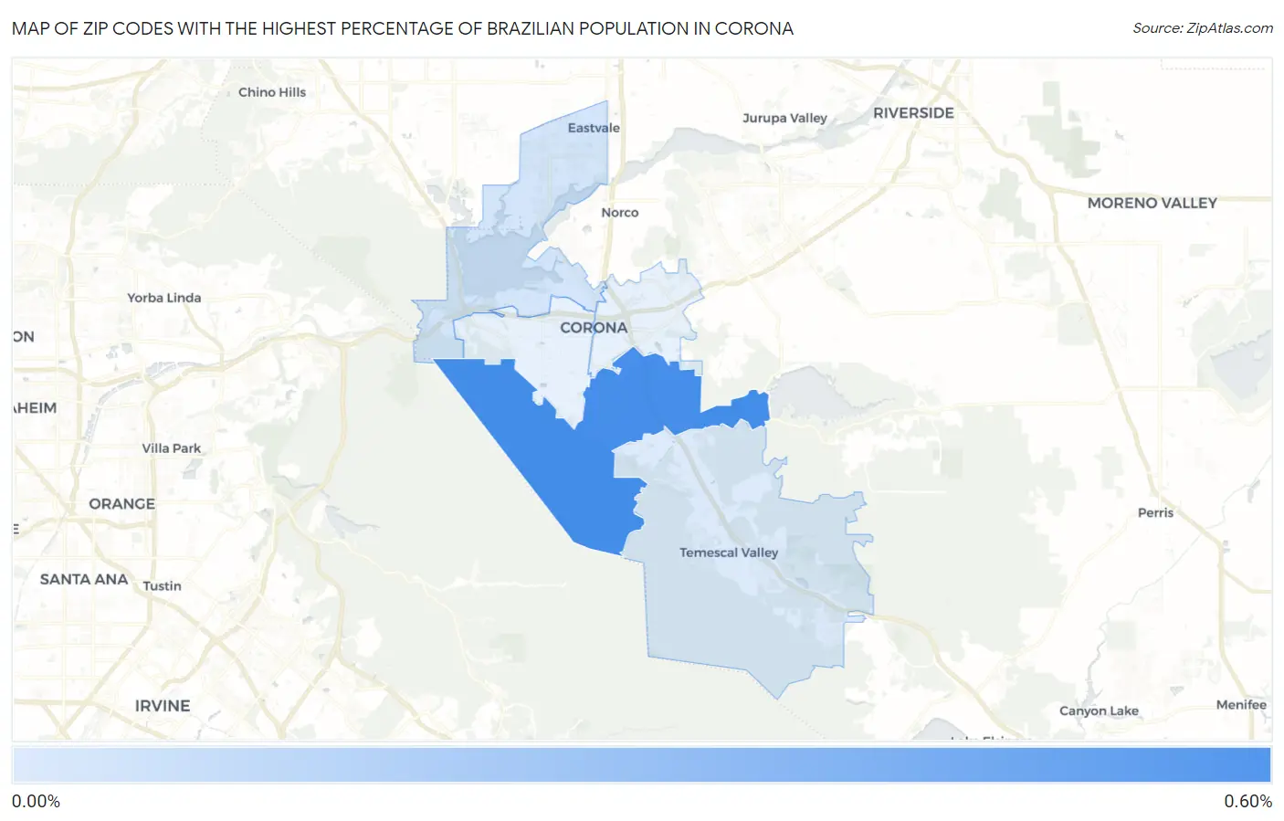 Zip Codes with the Highest Percentage of Brazilian Population in Corona Map