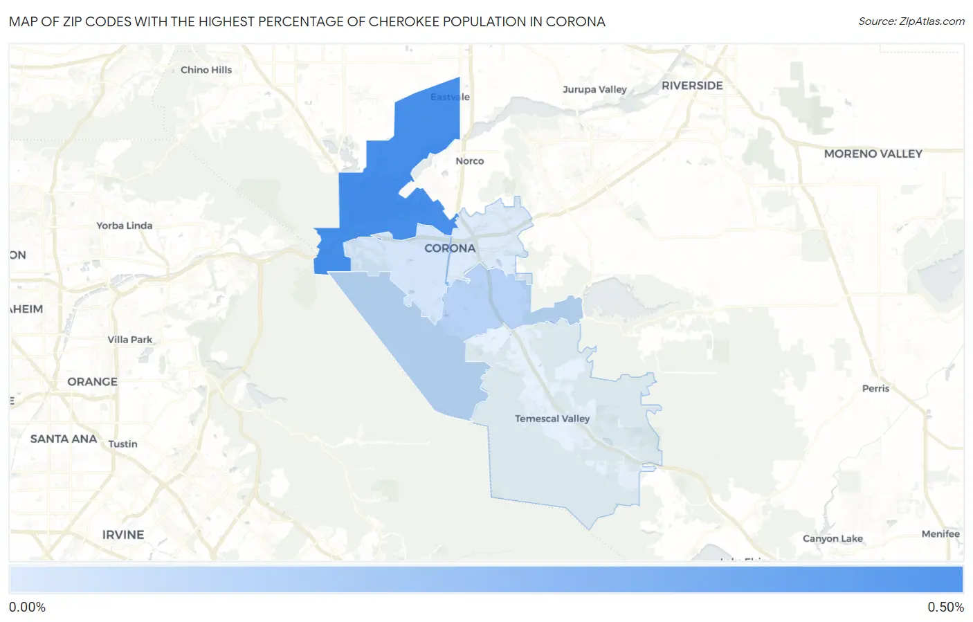 Zip Codes with the Highest Percentage of Cherokee Population in Corona Map