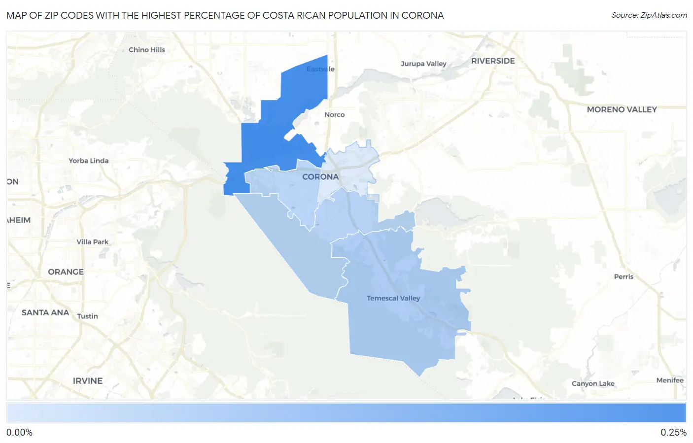 Zip Codes with the Highest Percentage of Costa Rican Population in Corona Map