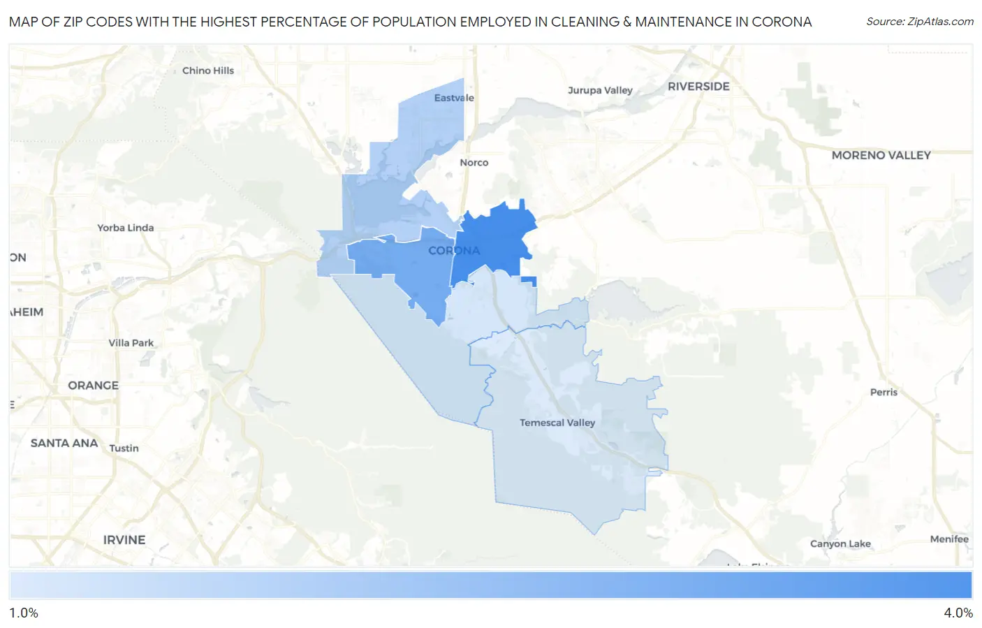 Zip Codes with the Highest Percentage of Population Employed in Cleaning & Maintenance in Corona Map