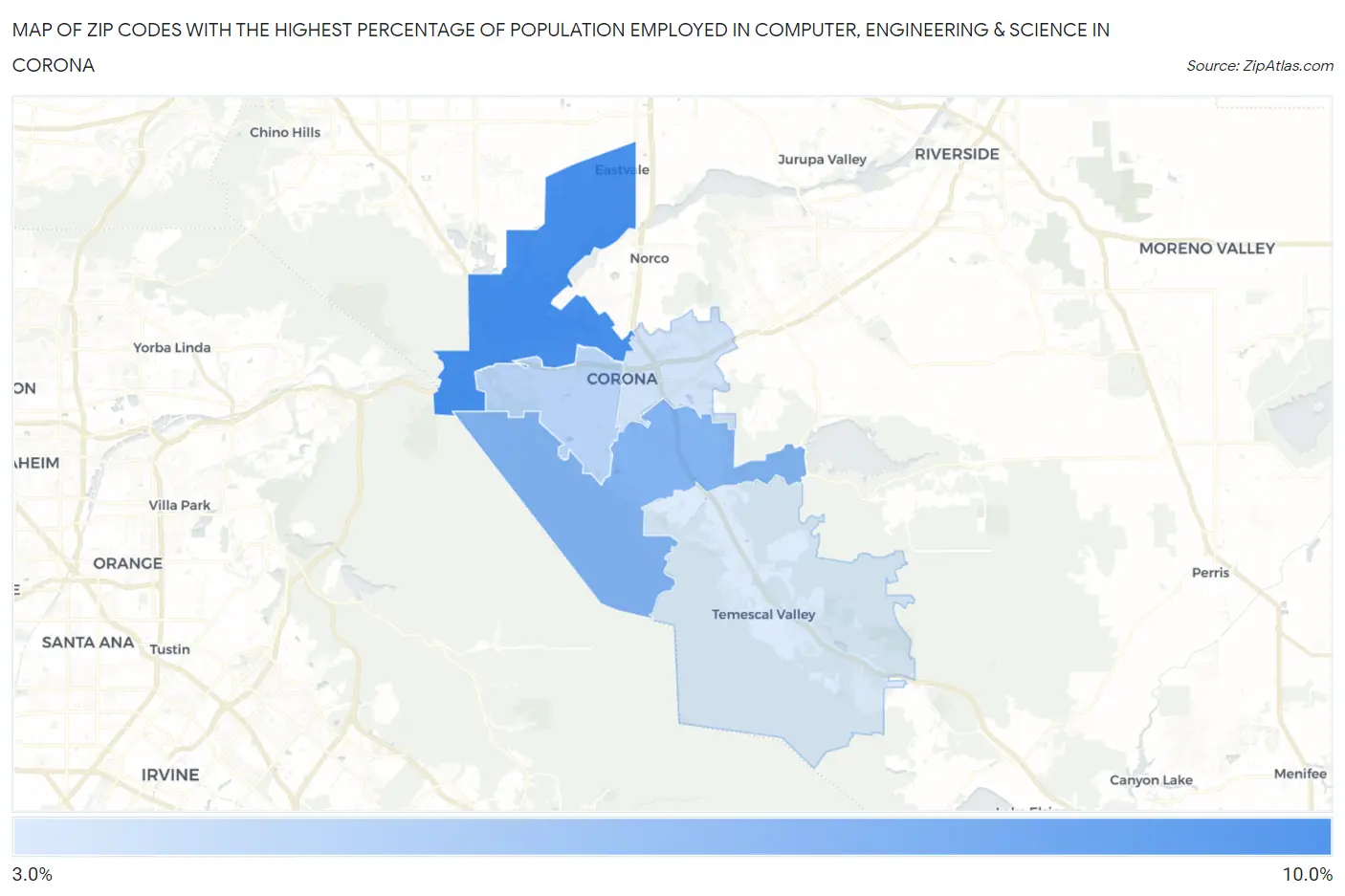 Zip Codes with the Highest Percentage of Population Employed in Computer, Engineering & Science in Corona Map