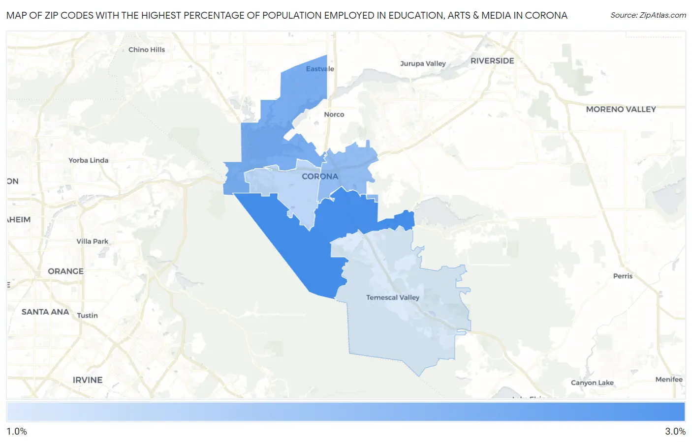 Zip Codes with the Highest Percentage of Population Employed in Education, Arts & Media in Corona Map
