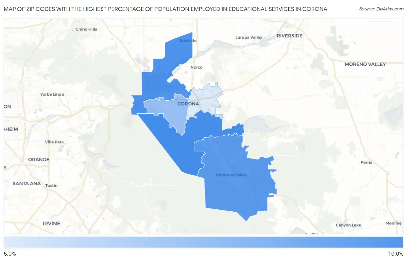 Zip Codes with the Highest Percentage of Population Employed in Educational Services in Corona Map