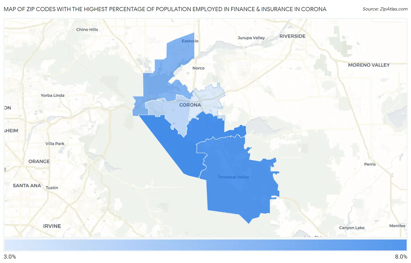 Zip Codes with the Highest Percentage of Population Employed in Finance & Insurance in Corona Map