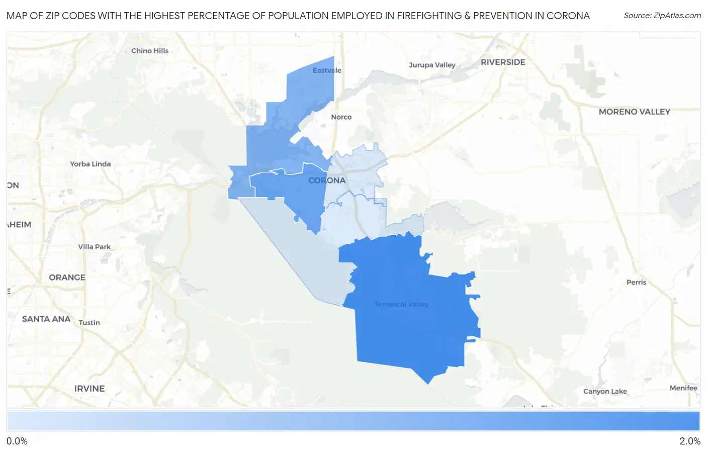 Zip Codes with the Highest Percentage of Population Employed in Firefighting & Prevention in Corona Map