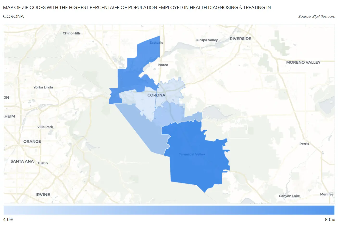 Zip Codes with the Highest Percentage of Population Employed in Health Diagnosing & Treating in Corona Map
