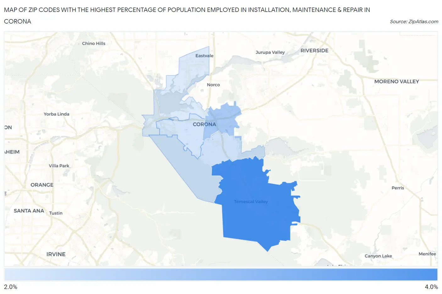 Zip Codes with the Highest Percentage of Population Employed in Installation, Maintenance & Repair in Corona Map