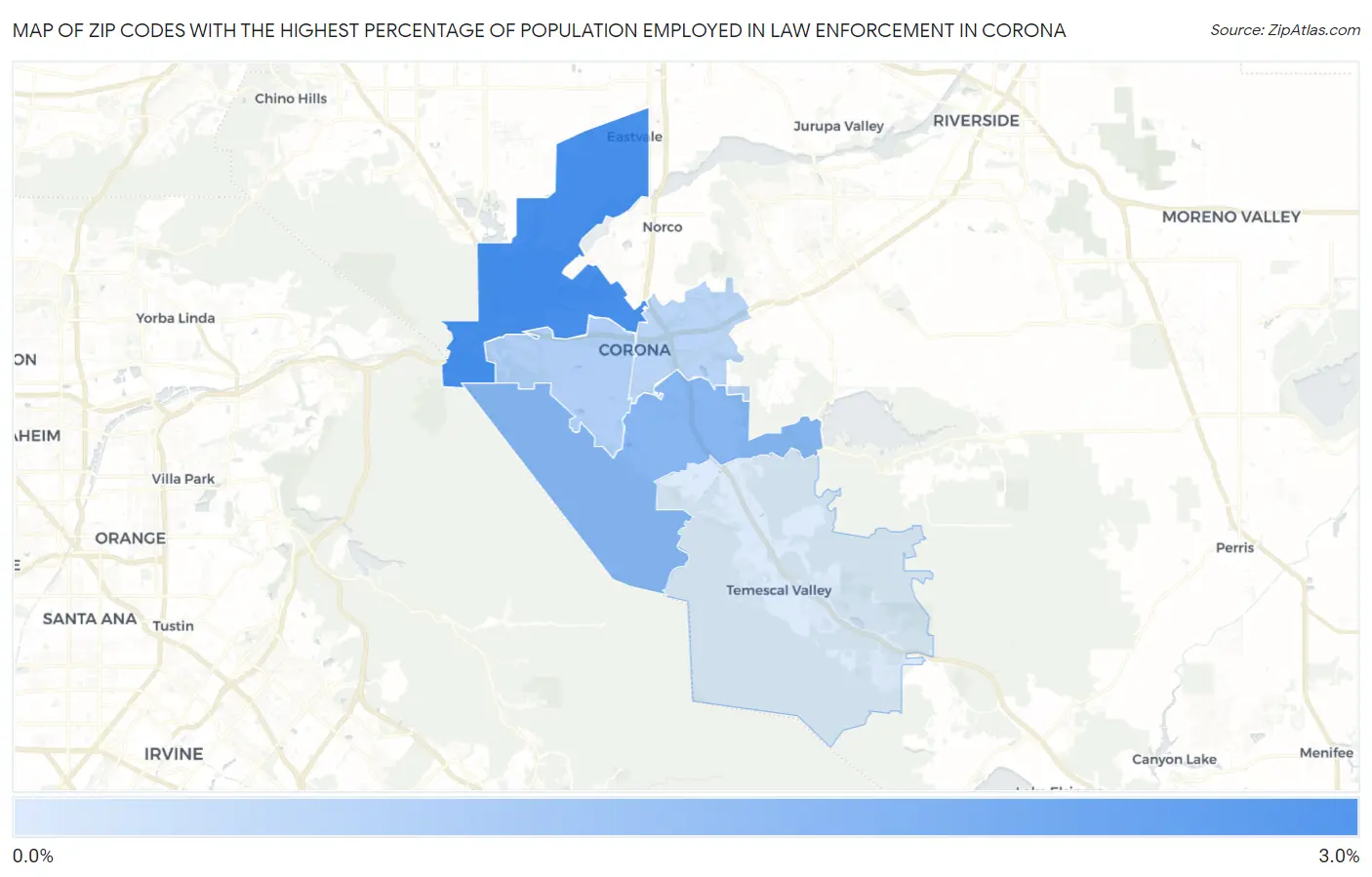 Zip Codes with the Highest Percentage of Population Employed in Law Enforcement in Corona Map