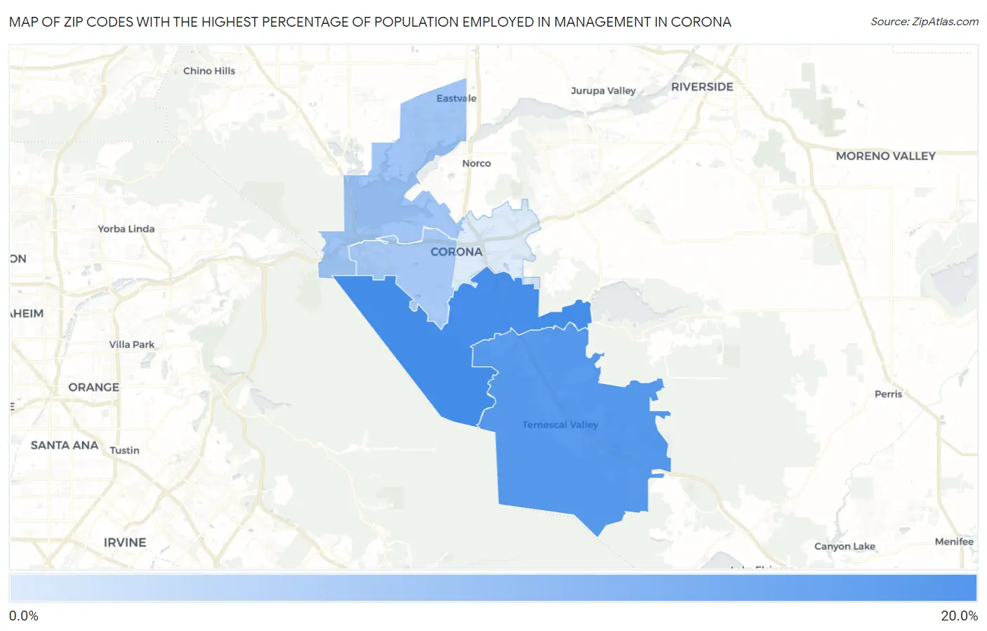 Zip Codes with the Highest Percentage of Population Employed in Management in Corona Map