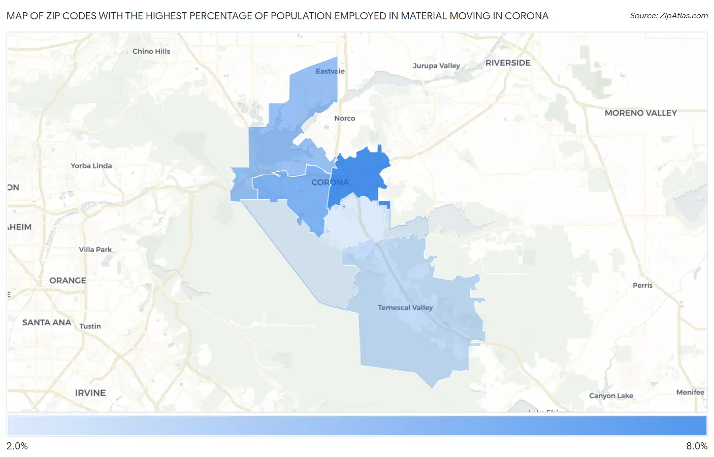 Zip Codes with the Highest Percentage of Population Employed in Material Moving in Corona Map