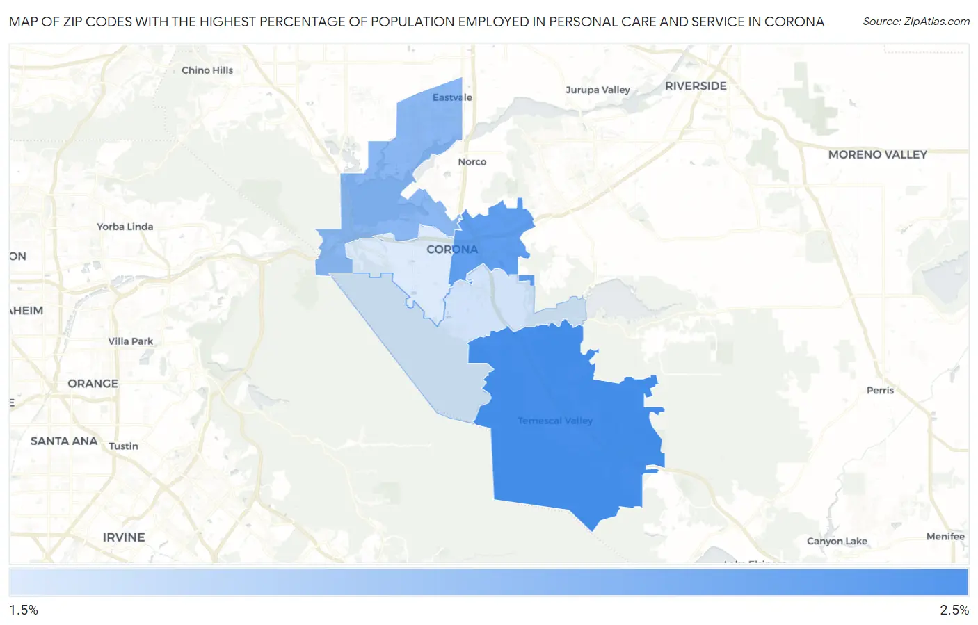 Zip Codes with the Highest Percentage of Population Employed in Personal Care and Service in Corona Map