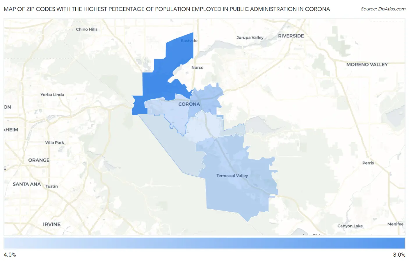 Zip Codes with the Highest Percentage of Population Employed in Public Administration in Corona Map