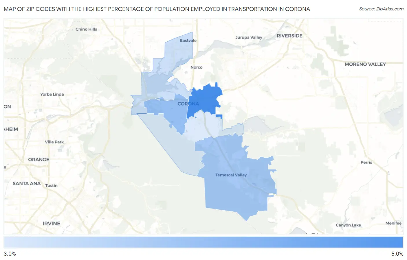 Zip Codes with the Highest Percentage of Population Employed in Transportation in Corona Map