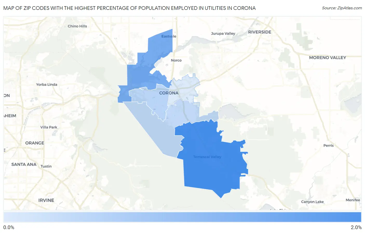 Zip Codes with the Highest Percentage of Population Employed in Utilities in Corona Map
