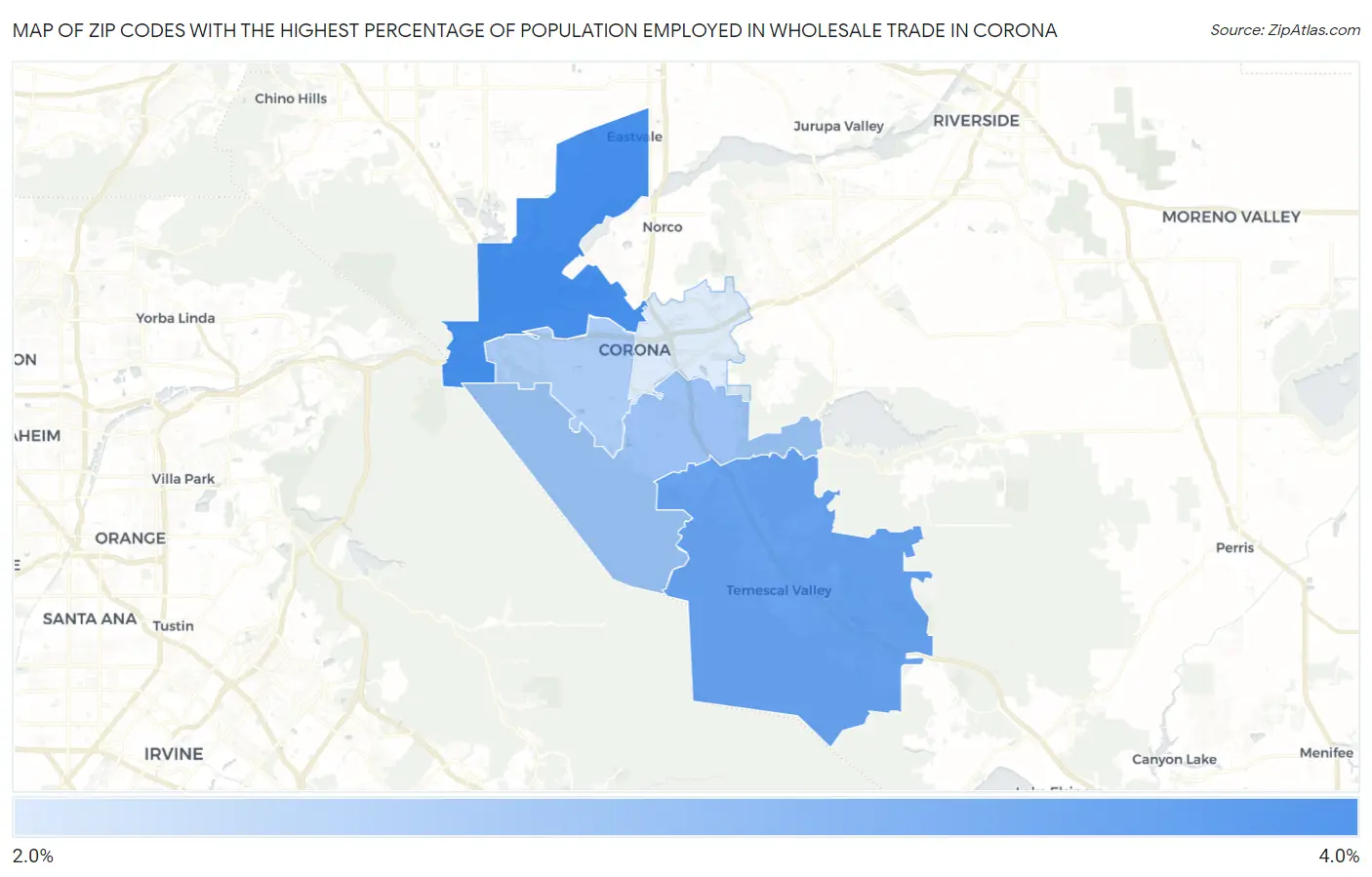 Zip Codes with the Highest Percentage of Population Employed in Wholesale Trade in Corona Map