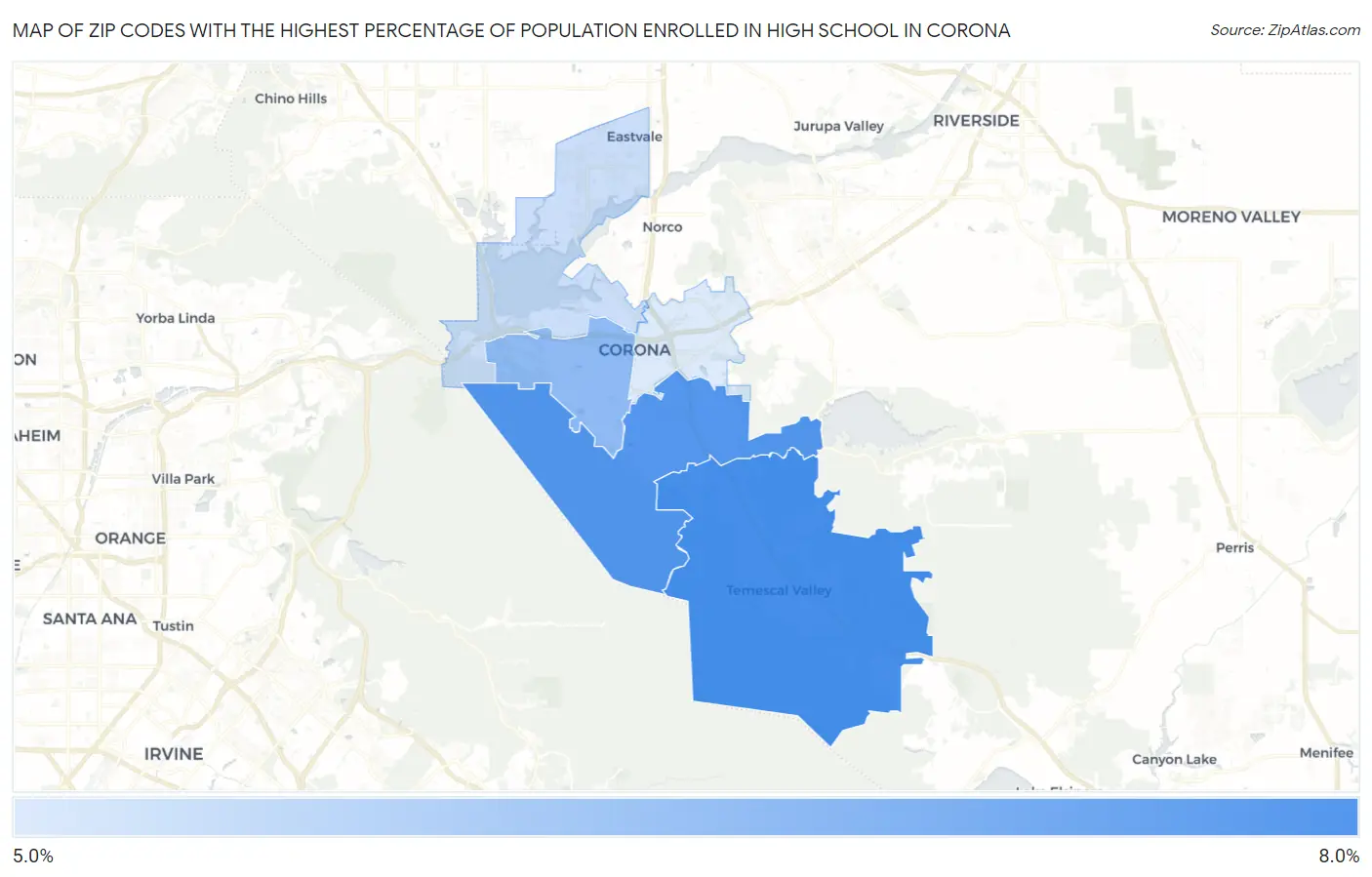 Zip Codes with the Highest Percentage of Population Enrolled in High School in Corona Map