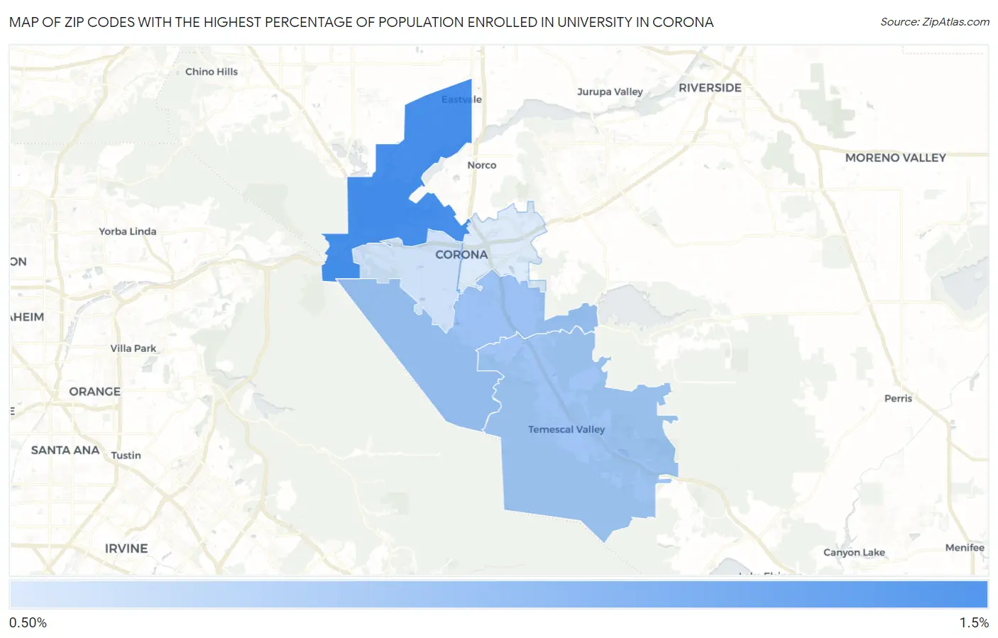 Zip Codes with the Highest Percentage of Population Enrolled in University in Corona Map