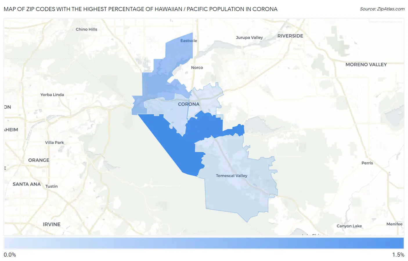 Zip Codes with the Highest Percentage of Hawaiian / Pacific Population in Corona Map