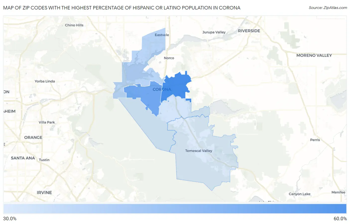 Zip Codes with the Highest Percentage of Hispanic or Latino Population in Corona Map