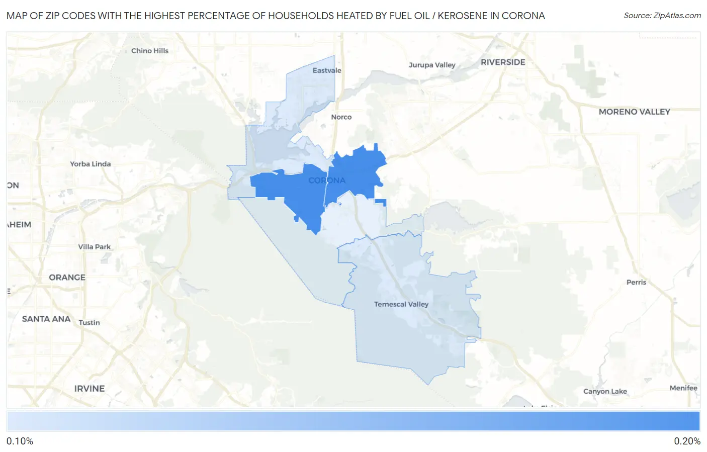 Zip Codes with the Highest Percentage of Households Heated by Fuel Oil / Kerosene in Corona Map