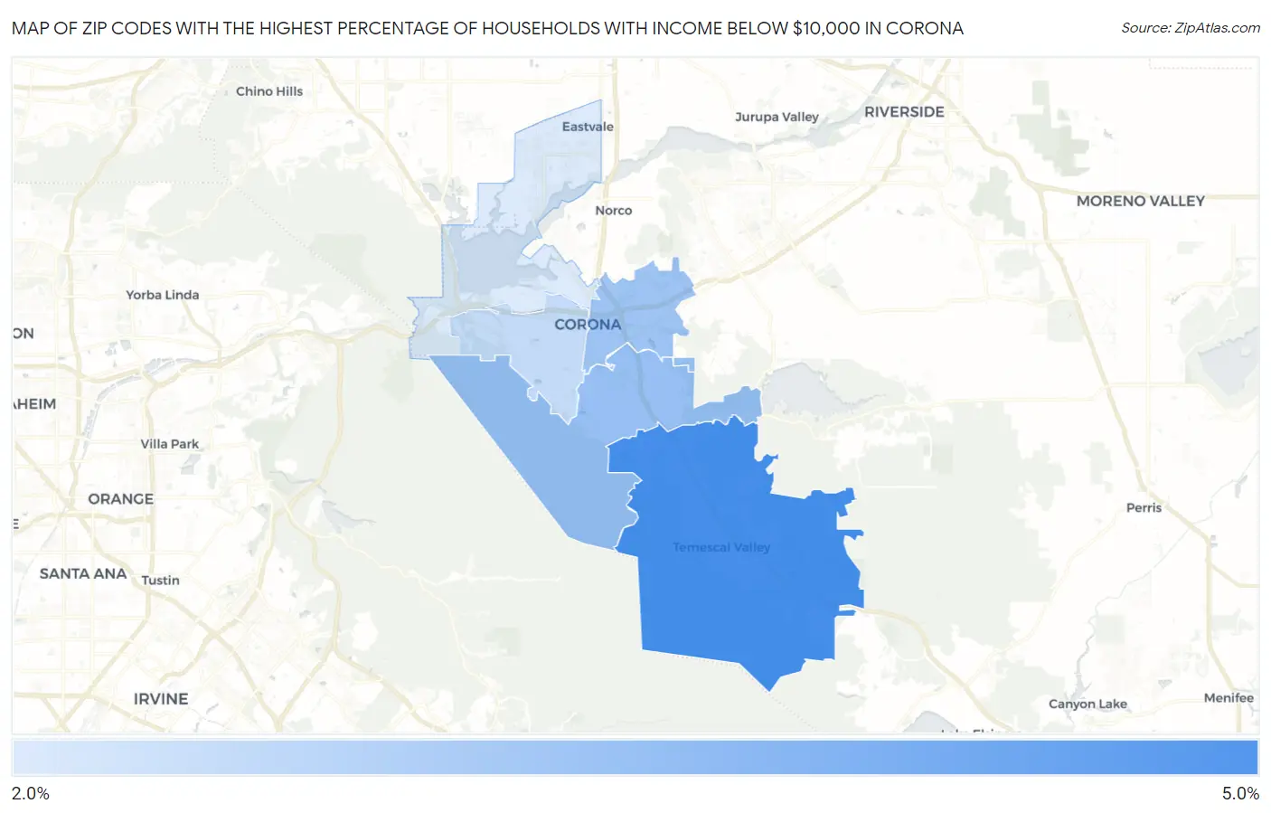 Zip Codes with the Highest Percentage of Households with Income Below $10,000 in Corona Map