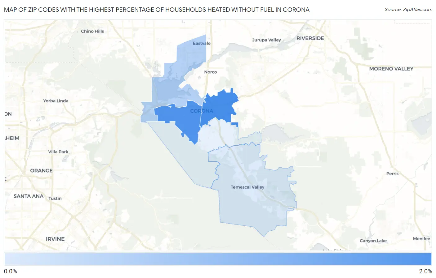Zip Codes with the Highest Percentage of Households Heated without Fuel in Corona Map