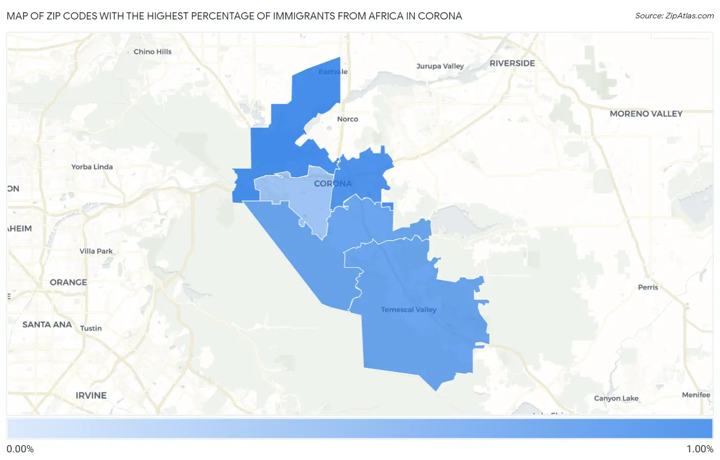 Zip Codes with the Highest Percentage of Immigrants from Africa in Corona Map