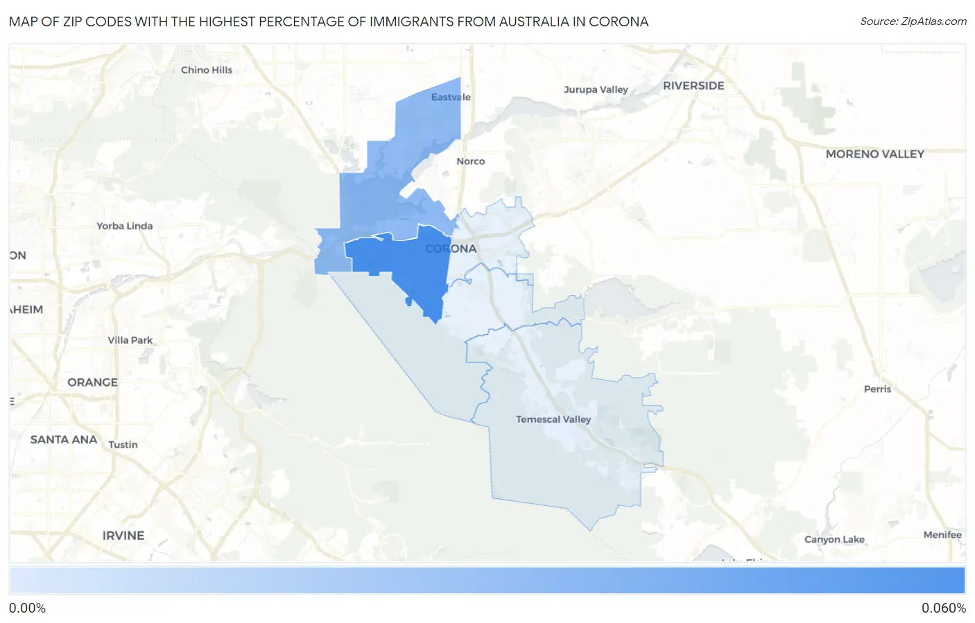 Zip Codes with the Highest Percentage of Immigrants from Australia in Corona Map