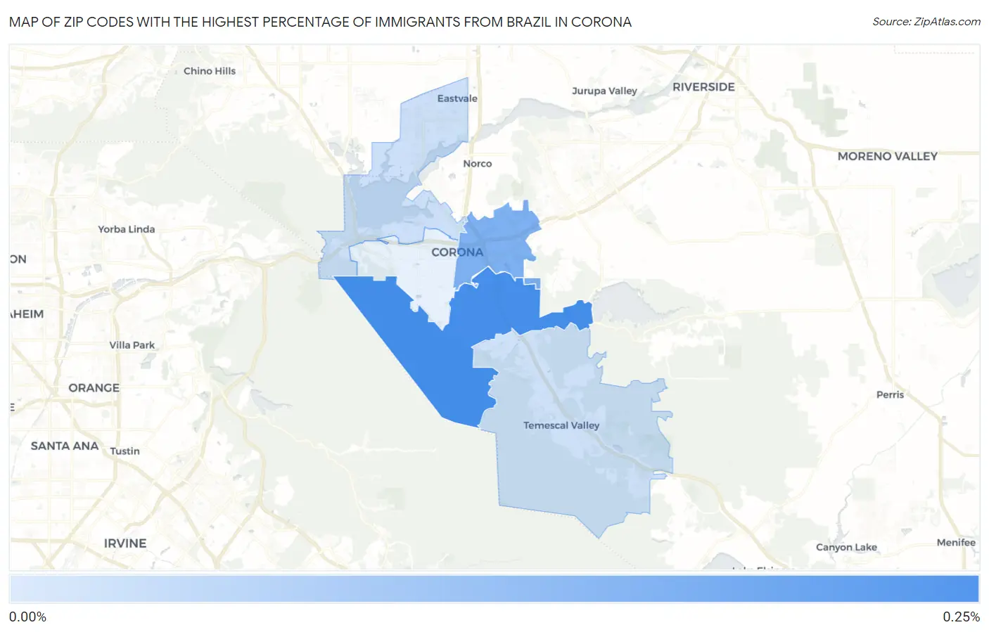 Zip Codes with the Highest Percentage of Immigrants from Brazil in Corona Map