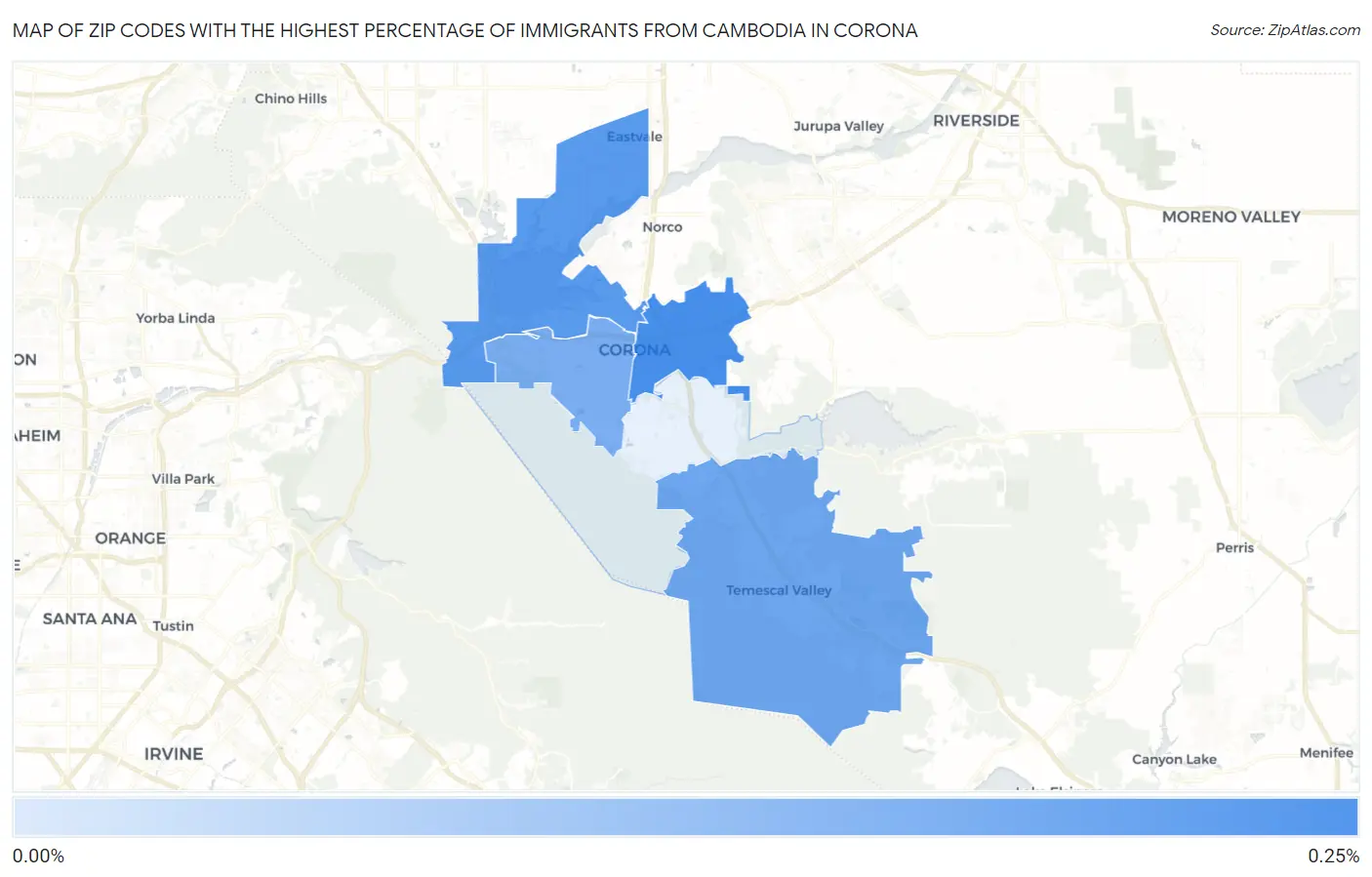 Zip Codes with the Highest Percentage of Immigrants from Cambodia in Corona Map
