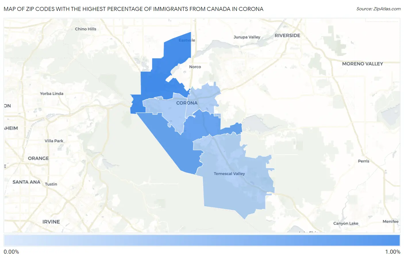 Zip Codes with the Highest Percentage of Immigrants from Canada in Corona Map