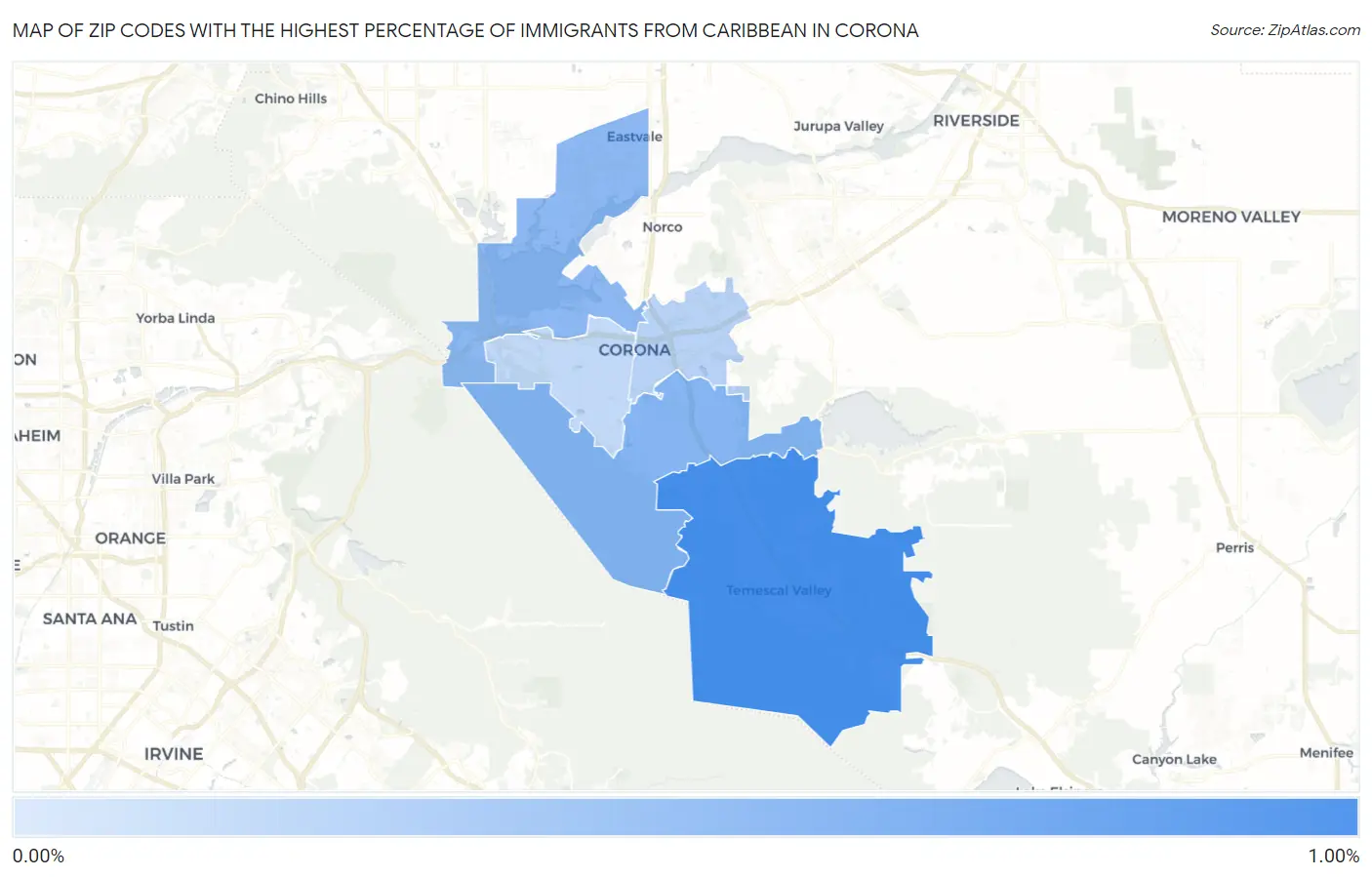 Zip Codes with the Highest Percentage of Immigrants from Caribbean in Corona Map